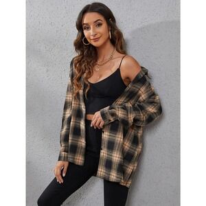 Preppy Plaid Print oversized long sleeve button up Shirt